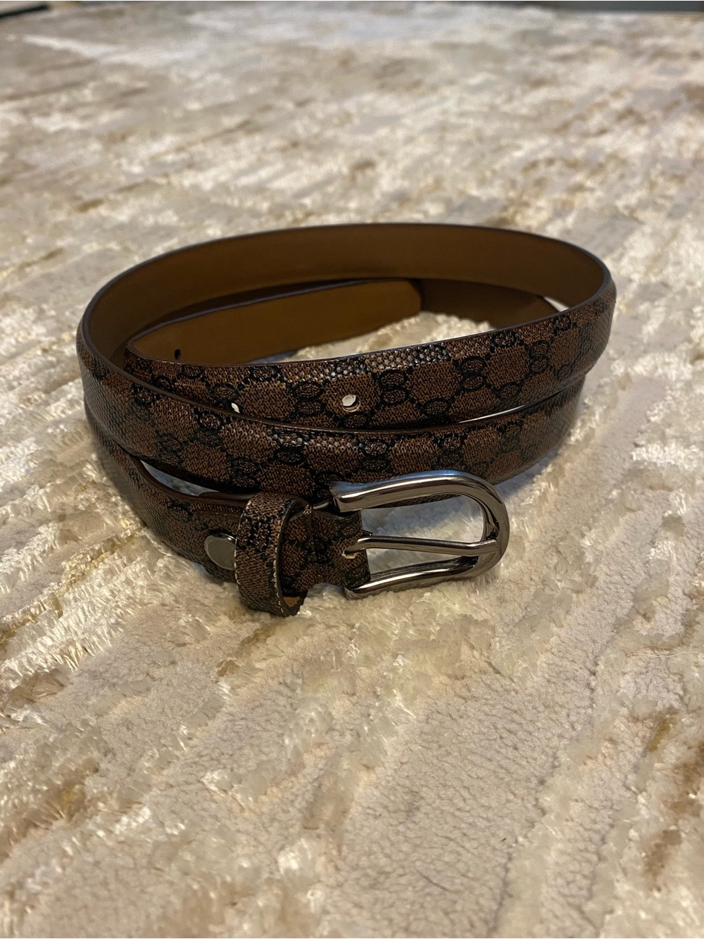 Monogram Printed Brown Slim Leather Belt with Silver Buckle